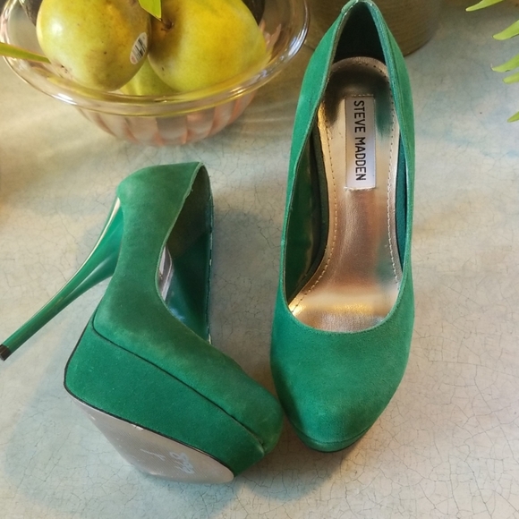 green suede stilettos